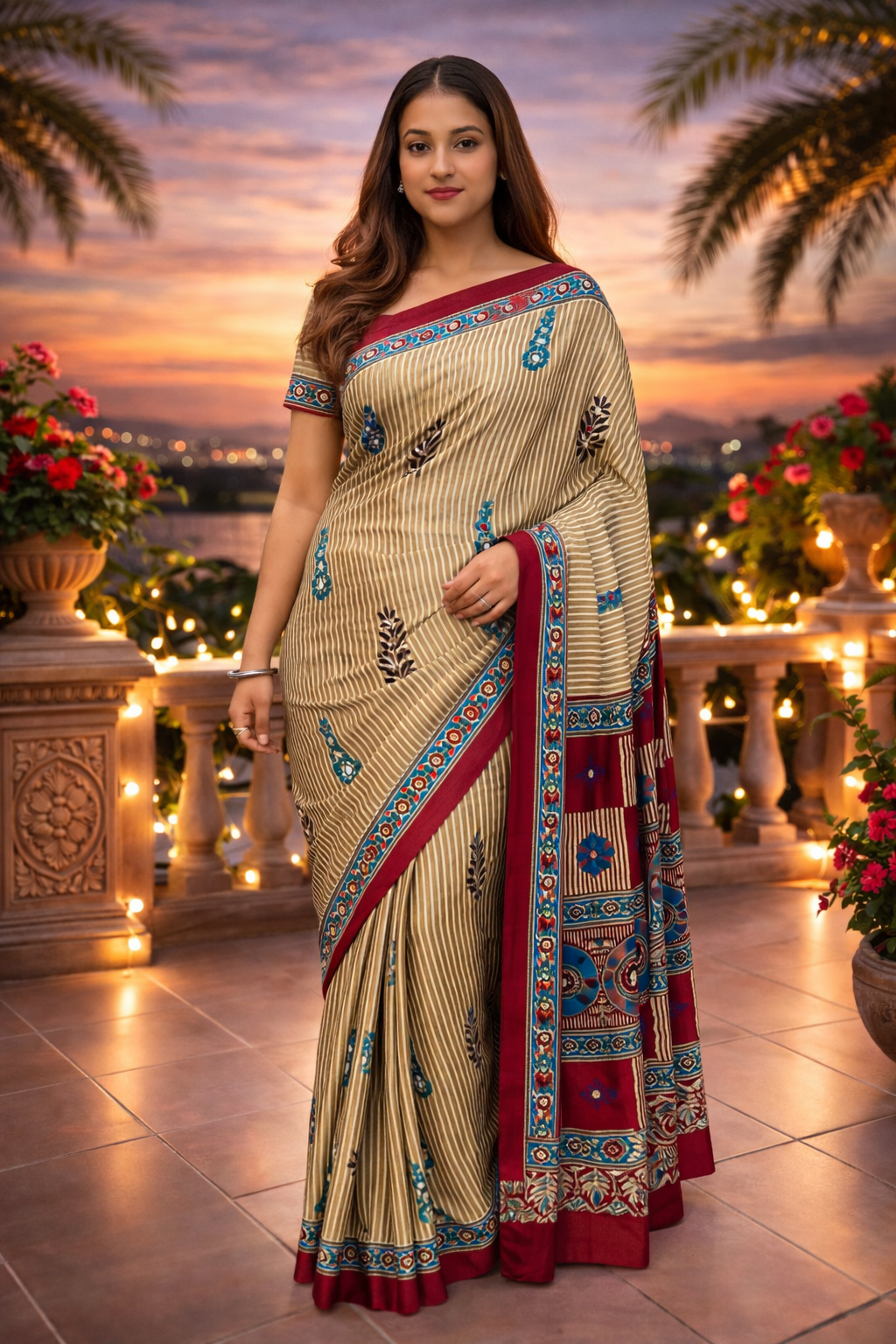 Ajrakh Mirror Work Satin Silk Saree | Handcrafted Luxury Print |Royal Ajrakh Heritage