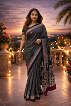 Ajrakh Mirror Work Satin Silk Saree | Handcrafted Luxury Print |Royal Ajrakh Heritage