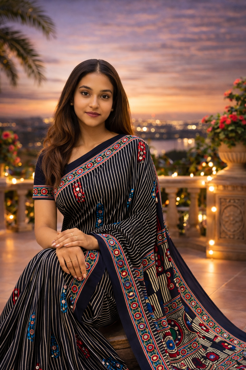 Ajrakh Mirror Work Satin Silk Saree | Handcrafted Luxury Print |Royal Ajrakh Heritage