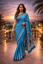 Ajrakh Mirror Work Satin Silk Saree | Handcrafted Luxury Print |Royal Ajrakh Heritage