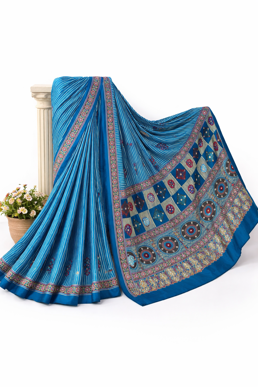 Ajrakh Mirror Work Satin Silk Saree | Handcrafted Luxury Print |Royal Ajrakh Heritage