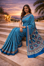 Ajrakh Mirror Work Satin Silk Saree | Handcrafted Luxury Print |Royal Ajrakh Heritage