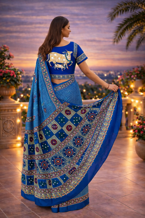 Ajrakh Mirror Work Satin Silk Saree | Handcrafted Luxury Print |Royal Ajrakh Heritage