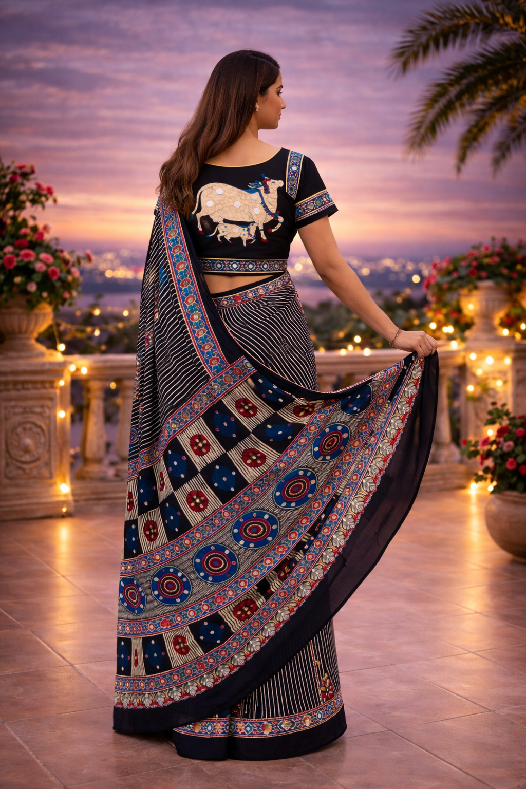 Ajrakh Mirror Work Satin Silk Saree | Handcrafted Luxury Print |Royal Ajrakh Heritage