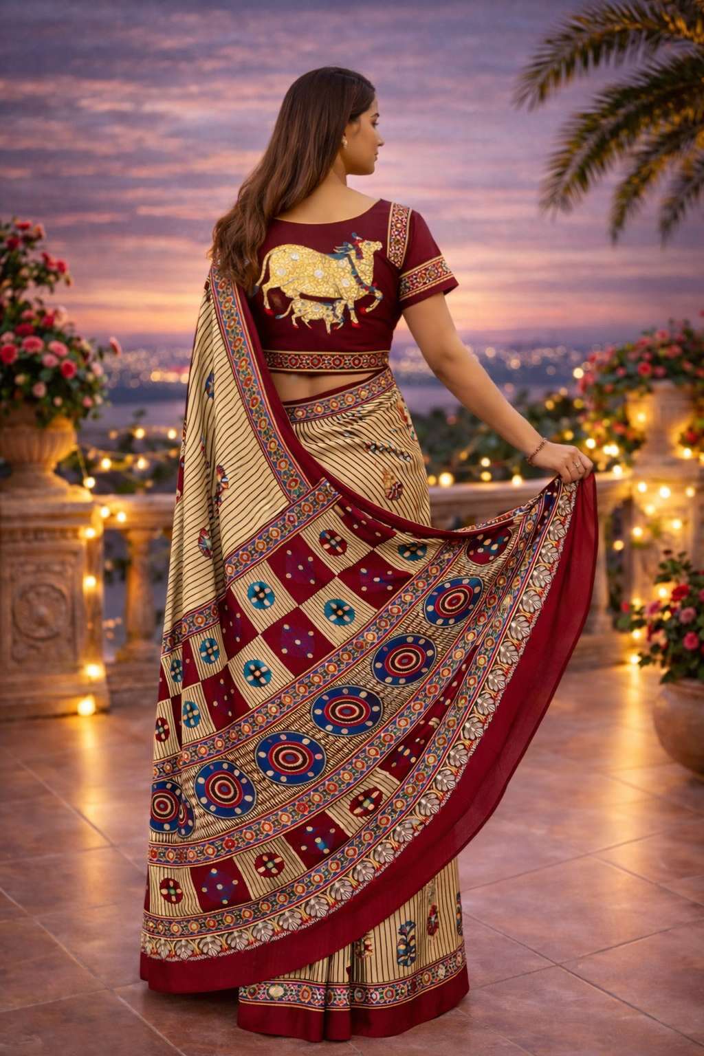 Ajrakh Mirror Work Satin Silk Saree | Handcrafted Luxury Print |Royal Ajrakh Heritage
