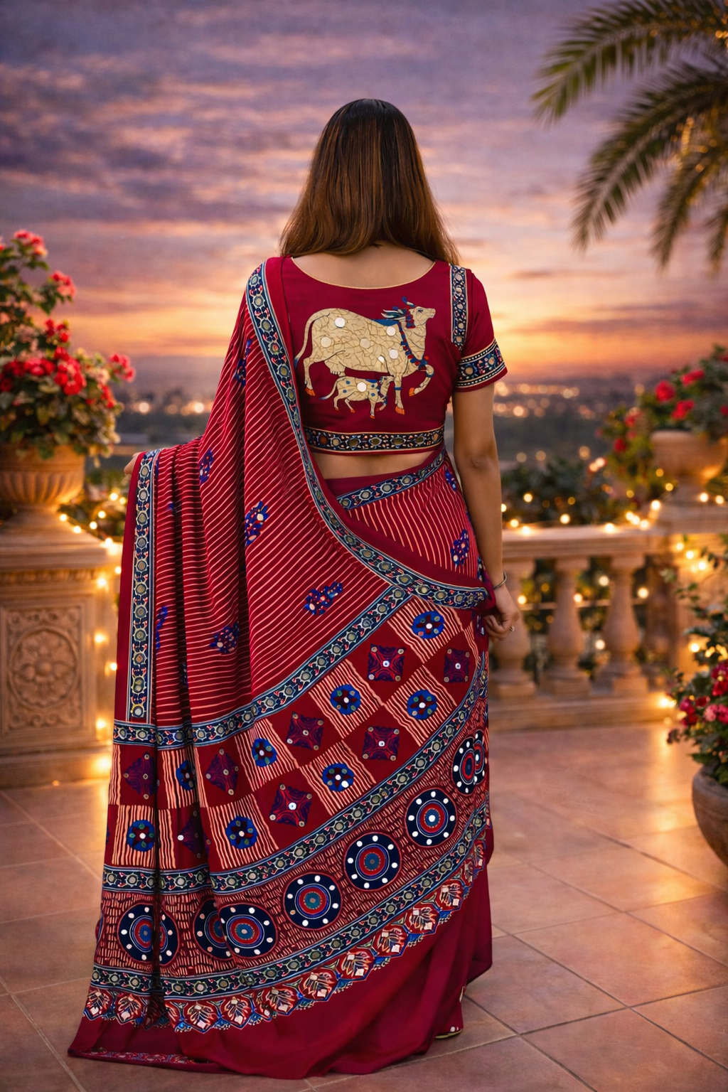 Ajrakh Mirror Work Satin Silk Saree | Handcrafted Luxury Print |Royal Ajrakh Heritage