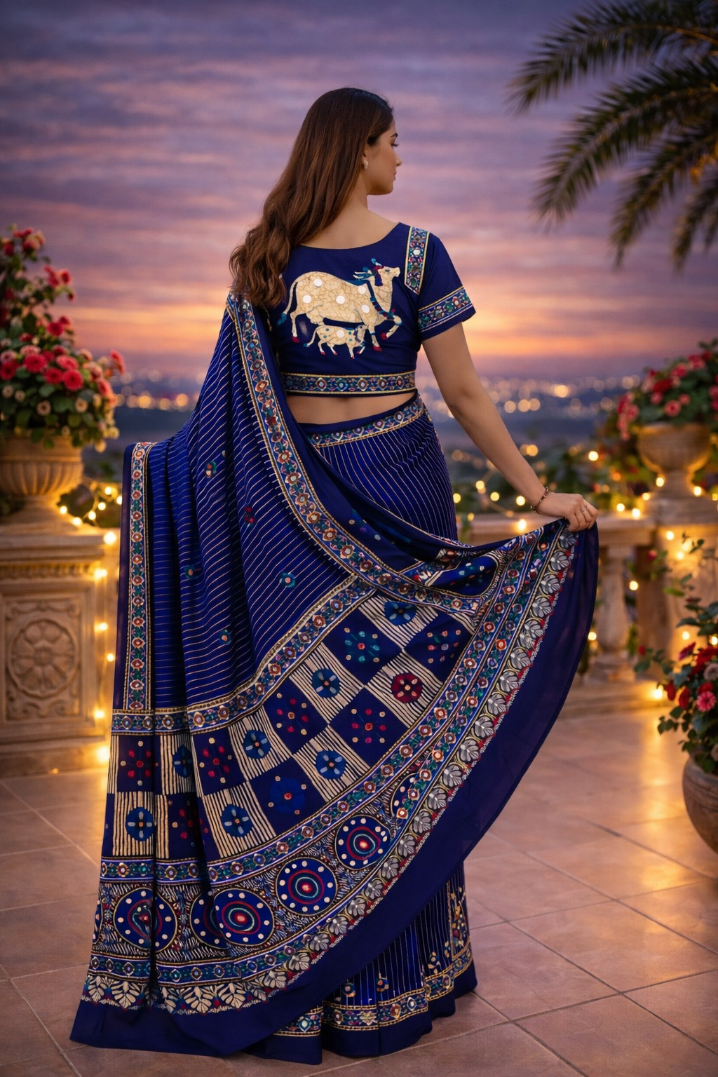 Ajrakh Mirror Work Satin Silk Saree | Handcrafted Luxury Print |Royal Ajrakh Heritage