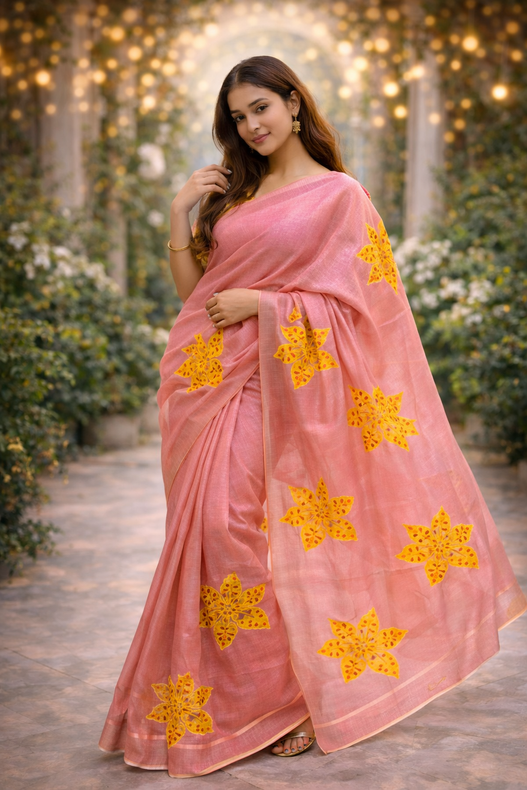 RASM Designer Studio – Blush Pink Floral Handcrafted Saree