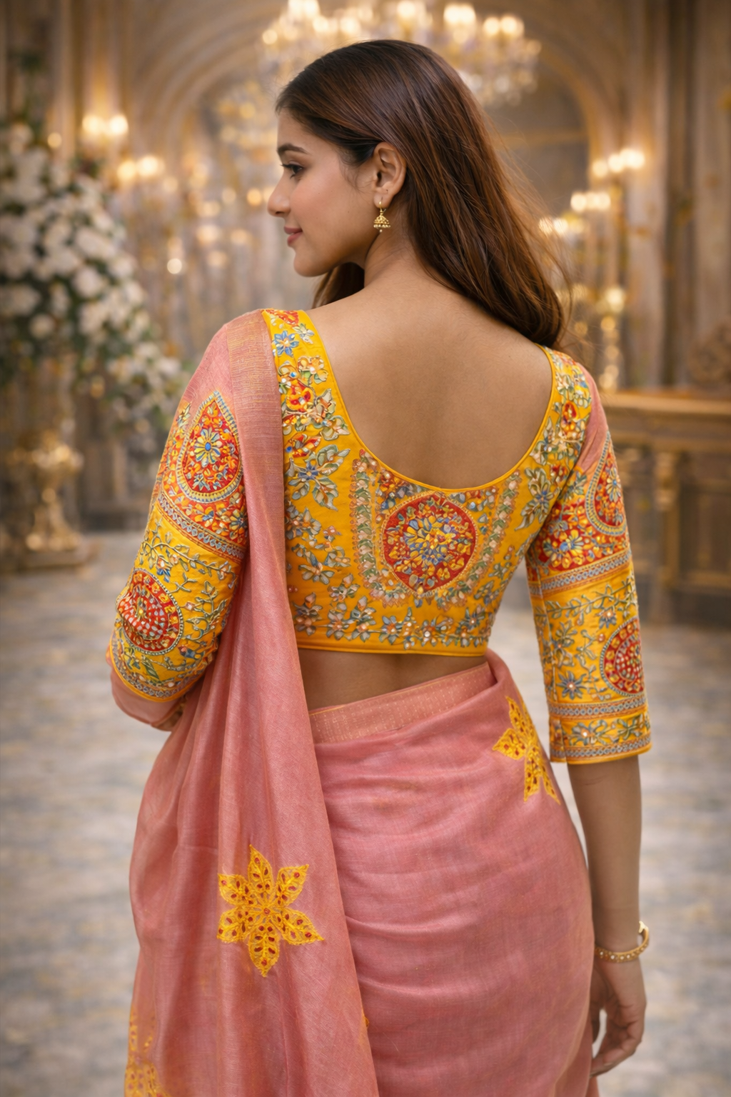 RASM Designer Studio – Blush Pink Floral Handcrafted Saree