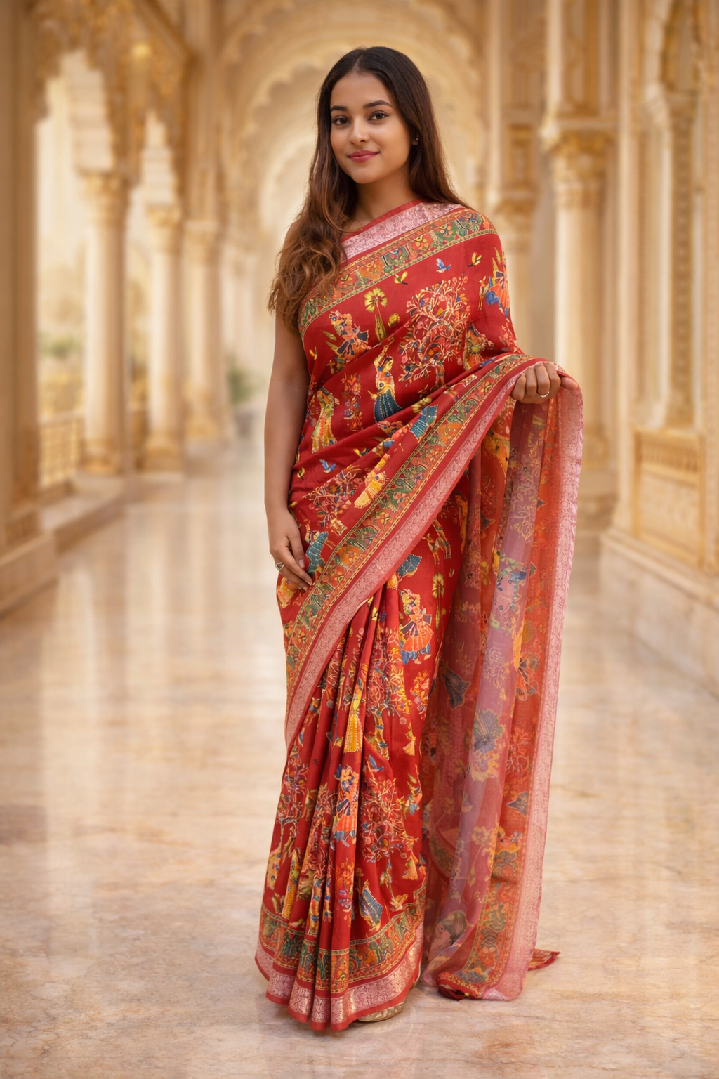 Royal Rangmahal Folk Art Printed Saree – Traditional Festive Ethnic Saree
