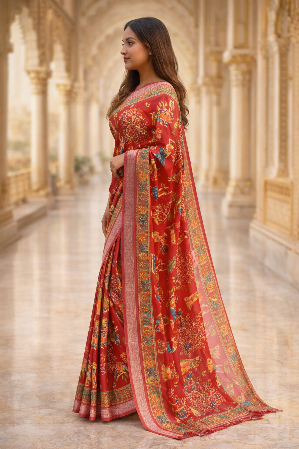 Royal Rangmahal Folk Art Printed Saree – Traditional Festive Ethnic Saree