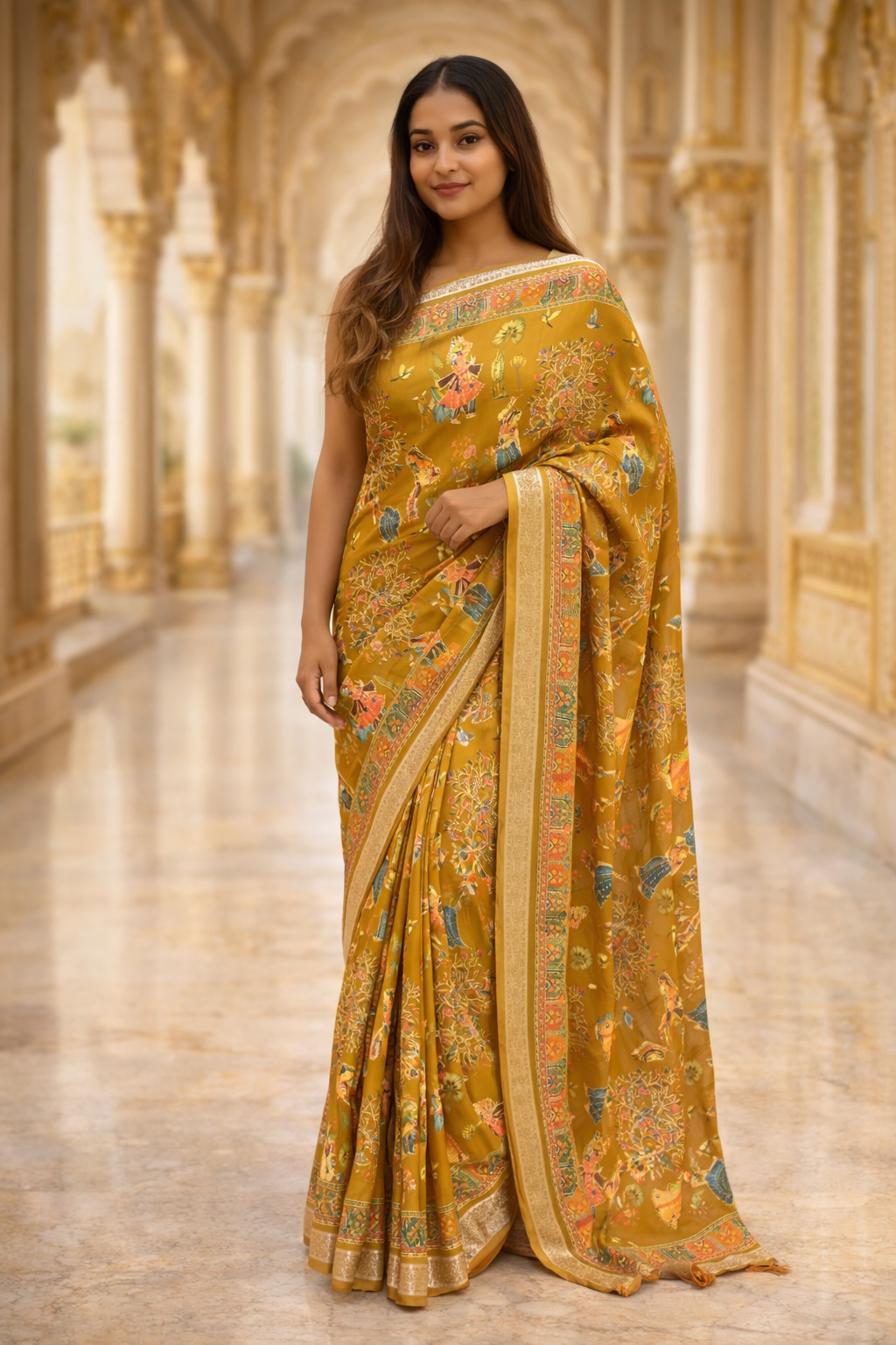 Royal Rangmahal Folk Art Printed Saree – Traditional Festive Ethnic Saree