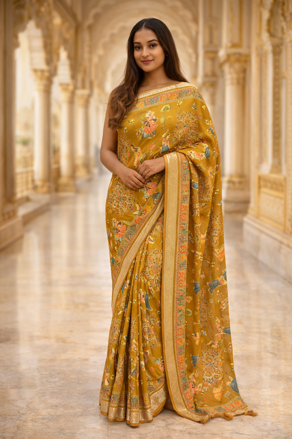 Royal Rangmahal Folk Art Printed Saree – Traditional Festive Ethnic Saree