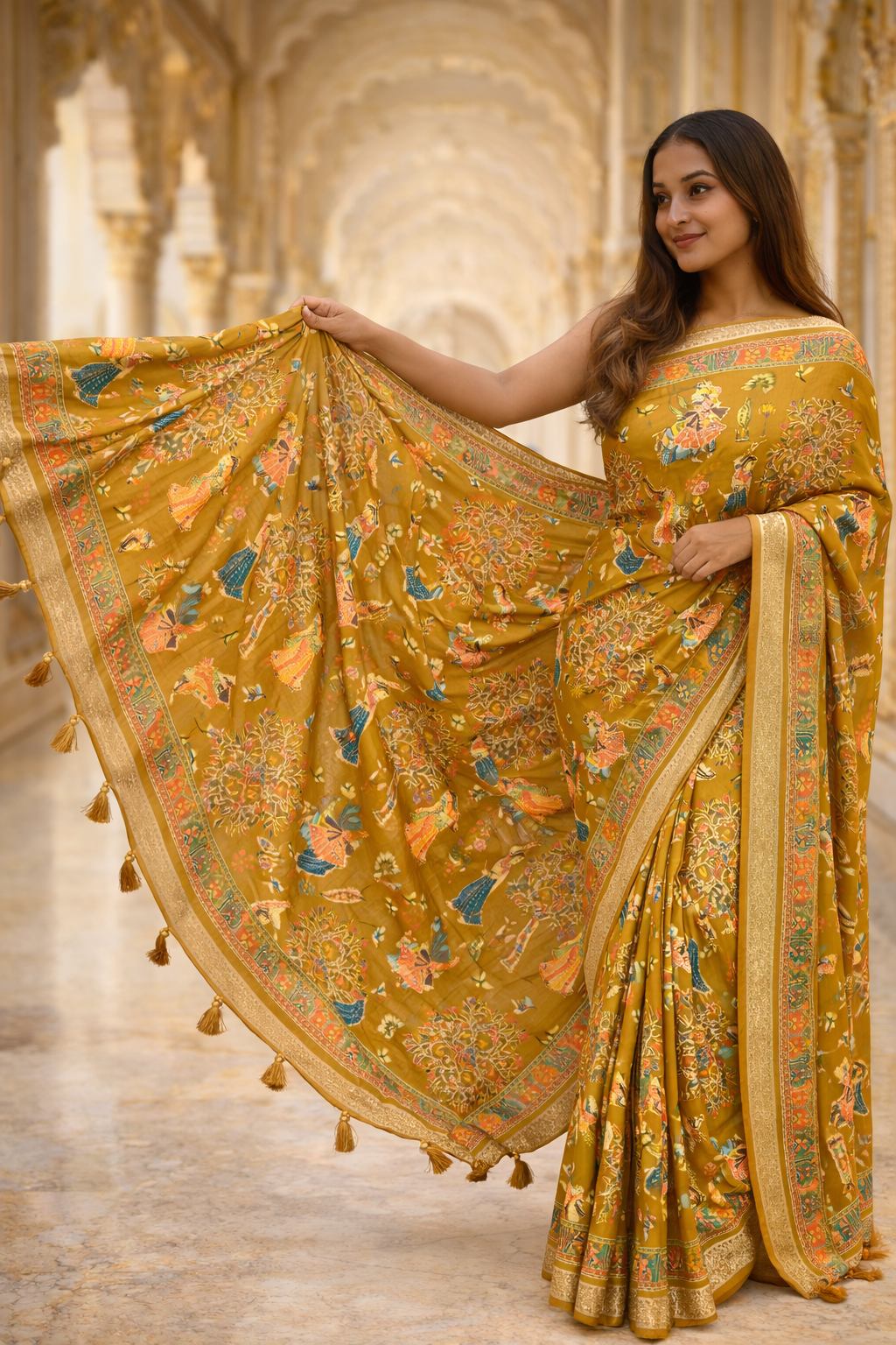 Royal Rangmahal Folk Art Printed Saree – Traditional Festive Ethnic Saree