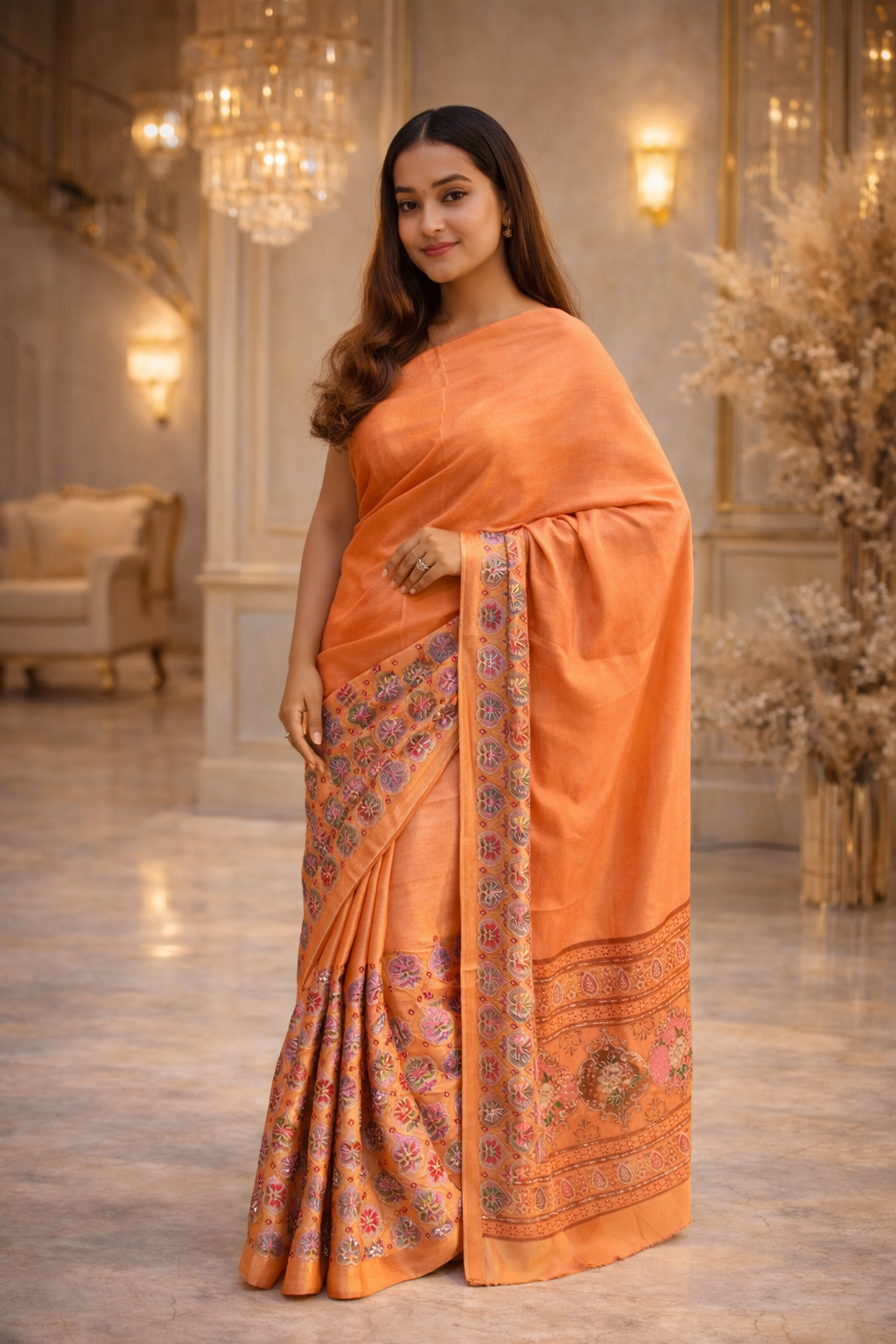 Handloom Mustard & Orange Silk Saree – Traditional Floral Border Handwoven Indian Saree – Luxury Festive & Wedding Wear Ethnic Saree