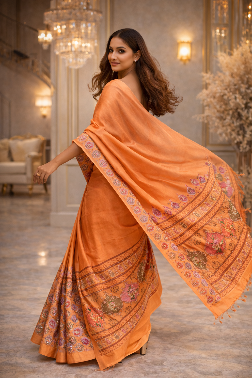 Handloom Mustard & Orange Silk Saree – Traditional Floral Border Handwoven Indian Saree – Luxury Festive & Wedding Wear Ethnic Saree