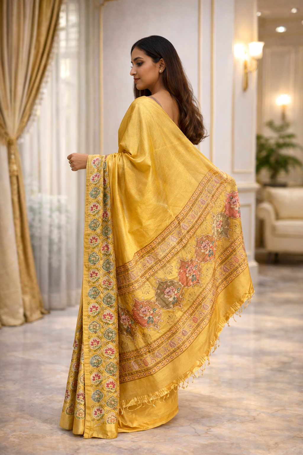 Handloom Mustard & Orange Silk Saree – Traditional Floral Border Handwoven Indian Saree – Luxury Festive & Wedding Wear Ethnic Saree