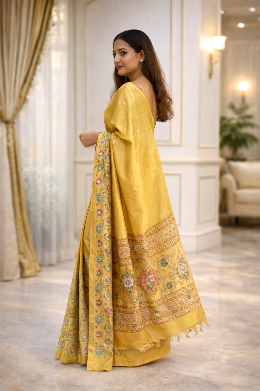 Handloom Mustard & Orange Silk Saree – Traditional Floral Border Handwoven Indian Saree – Luxury Festive & Wedding Wear Ethnic Saree