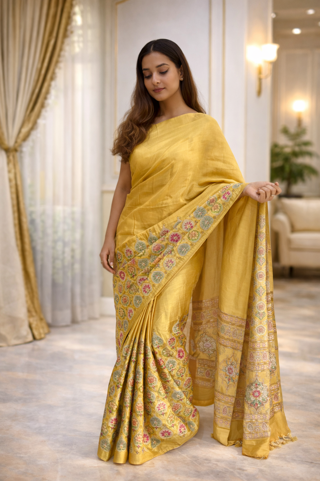 Handloom Mustard & Orange Silk Saree – Traditional Floral Border Handwoven Indian Saree – Luxury Festive & Wedding Wear Ethnic Saree