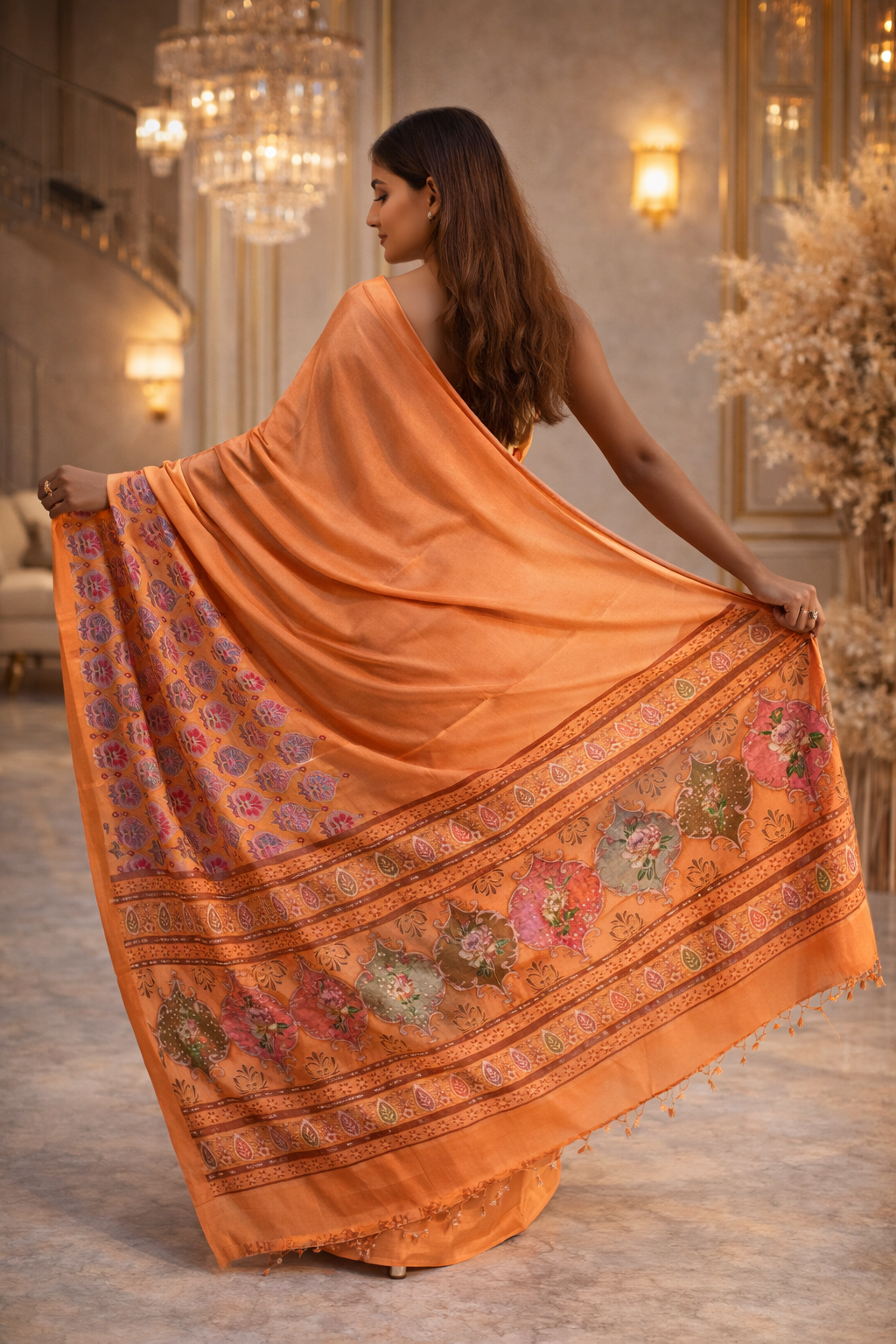Handloom Mustard & Orange Silk Saree – Traditional Floral Border Handwoven Indian Saree – Luxury Festive & Wedding Wear Ethnic Saree