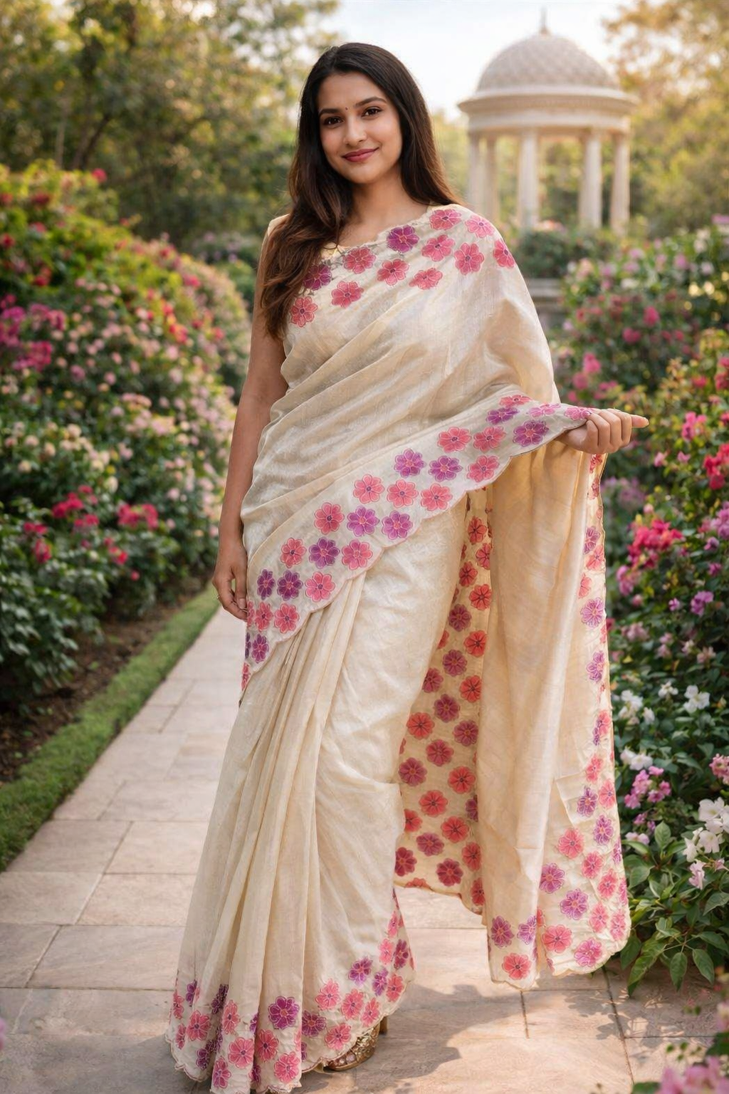 Ivory Handloom Cotton Saree with Floral Border (Pink & Yellow Flower Variants)