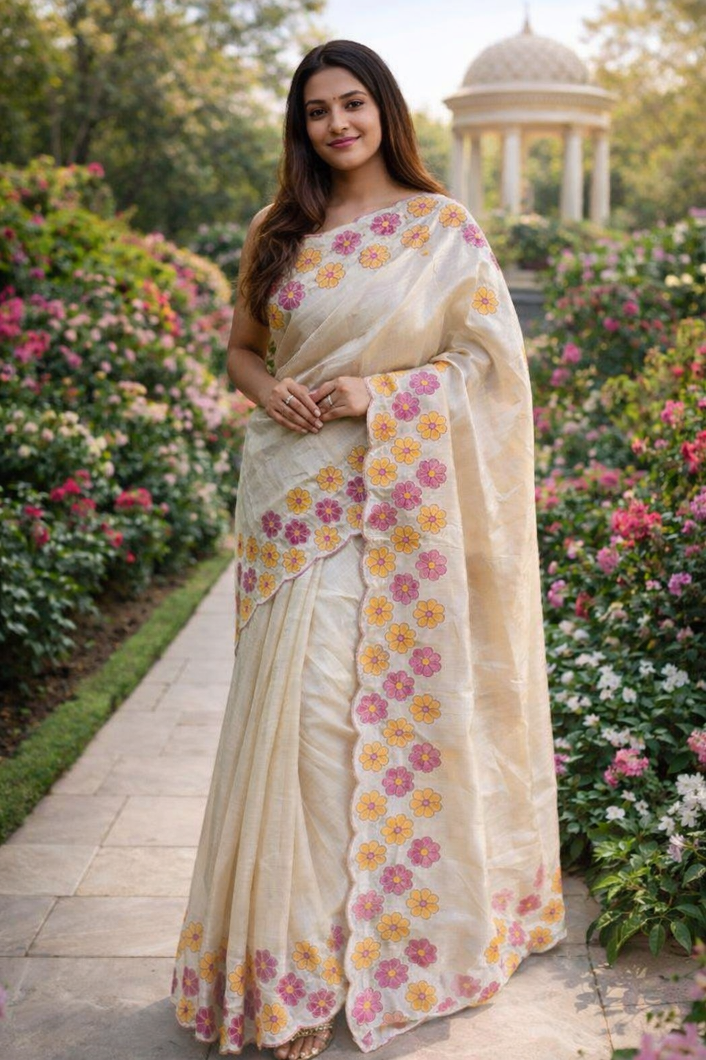 Ivory Handloom Cotton Saree with Floral Border (Pink & Yellow Flower Variants)