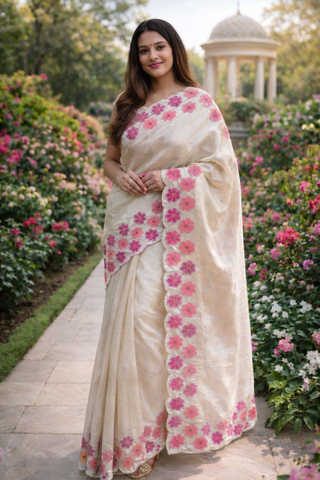 Ivory Handloom Cotton Saree with Floral Border (Pink & Yellow Flower Variants)