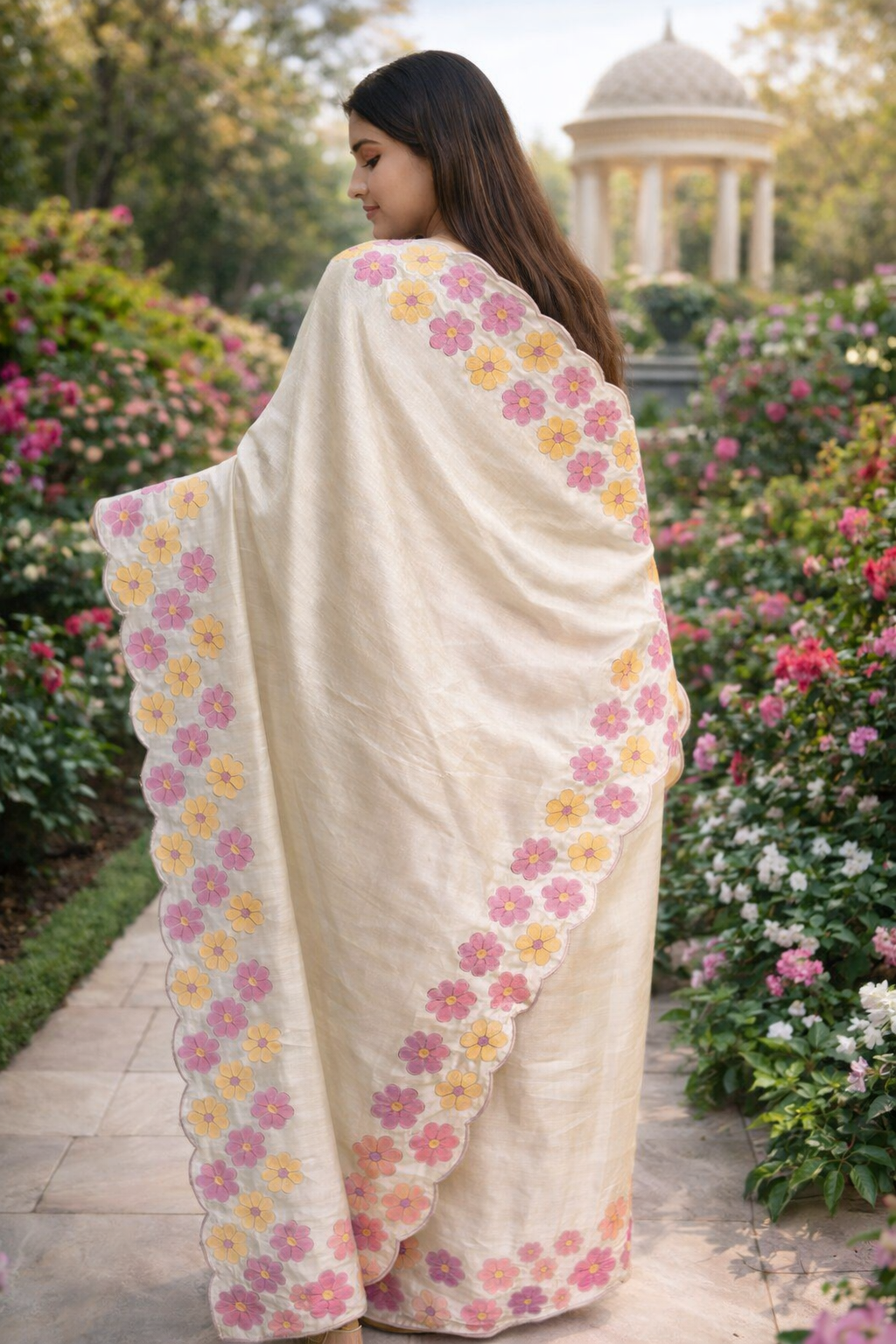 Ivory Handloom Cotton Saree with Floral Border (Pink & Yellow Flower Variants)