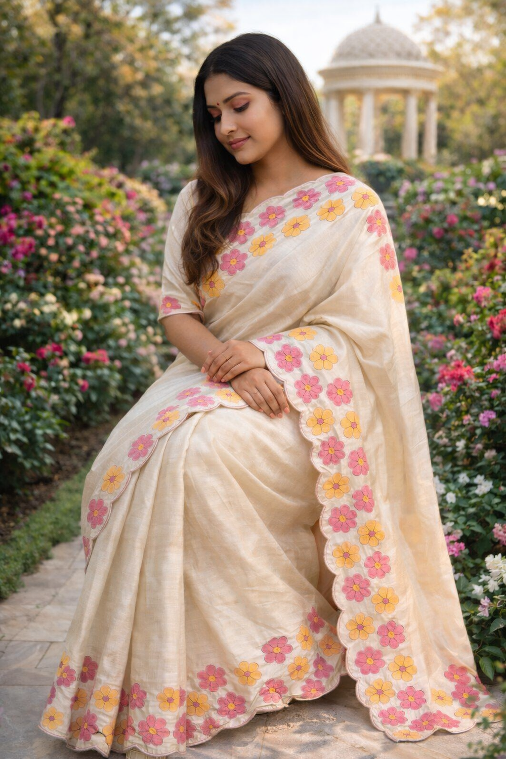 Ivory Handloom Cotton Saree with Floral Border (Pink & Yellow Flower Variants)
