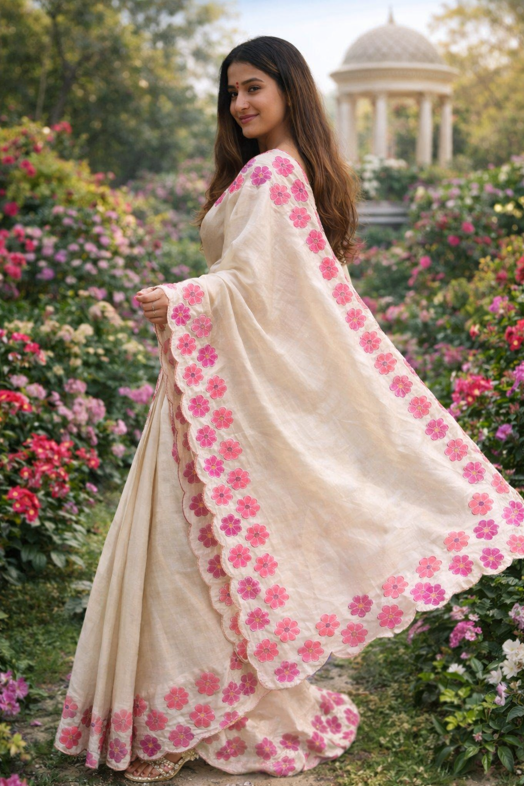 Ivory Handloom Cotton Saree with Floral Border (Pink & Yellow Flower Variants)