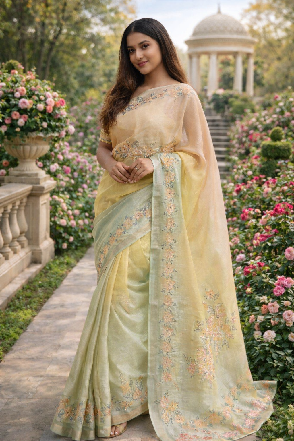 Handloom Pastel Silk Saree – Pink & Soft Yellow Handwoven Floral Saree – Luxury Festive & Wedding Wear Indian Ethnic Saree
