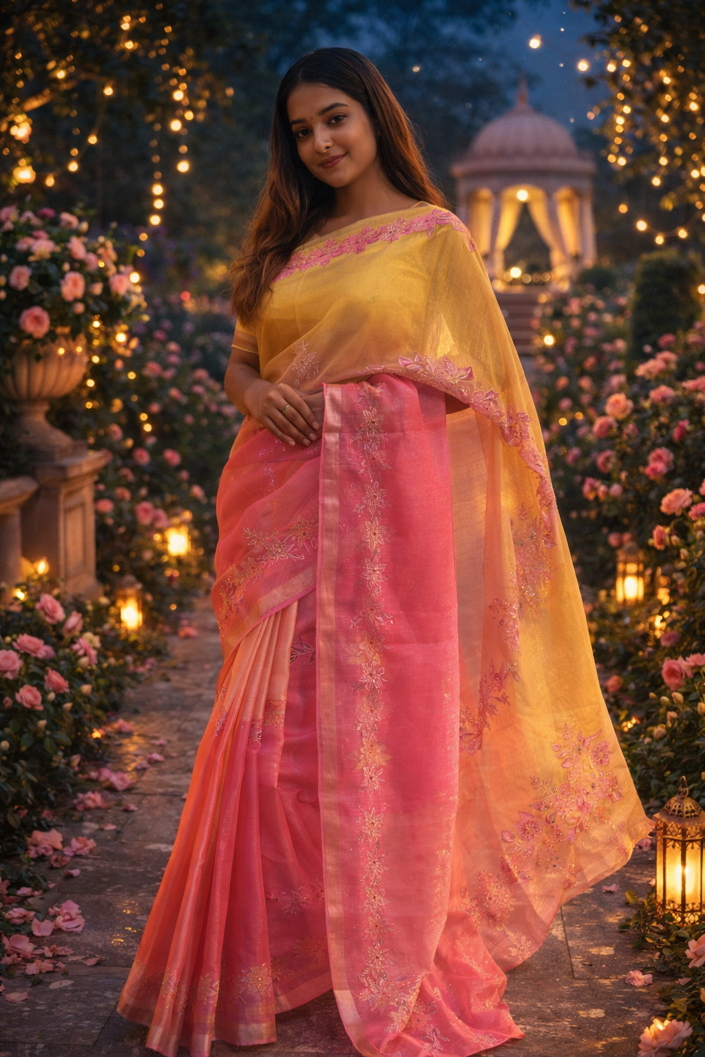 Handloom Pastel Silk Saree – Pink & Soft Yellow Handwoven Floral Saree – Luxury Festive & Wedding Wear Indian Ethnic Saree