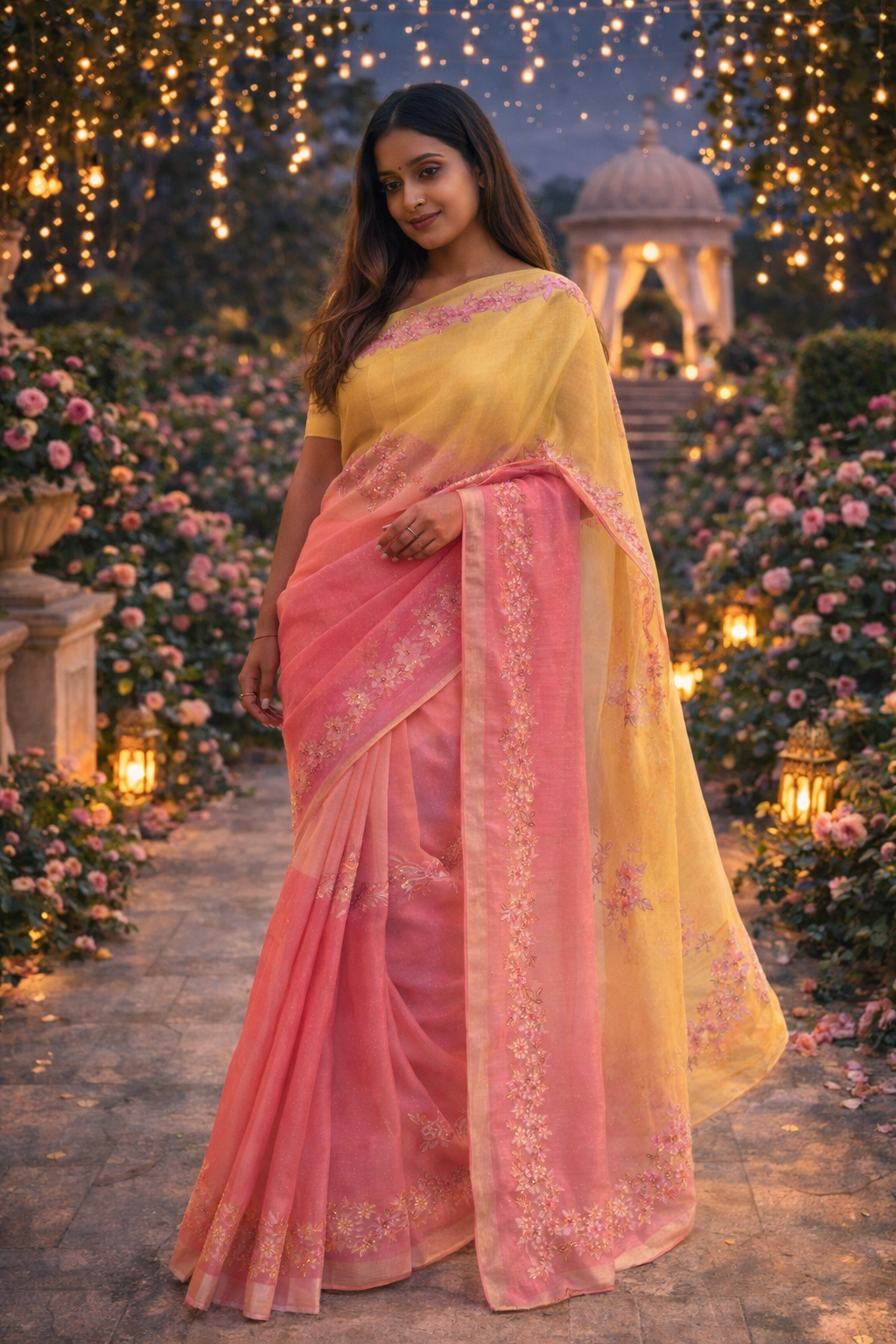 Handloom Pastel Silk Saree – Pink & Soft Yellow Handwoven Floral Saree – Luxury Festive & Wedding Wear Indian Ethnic Saree