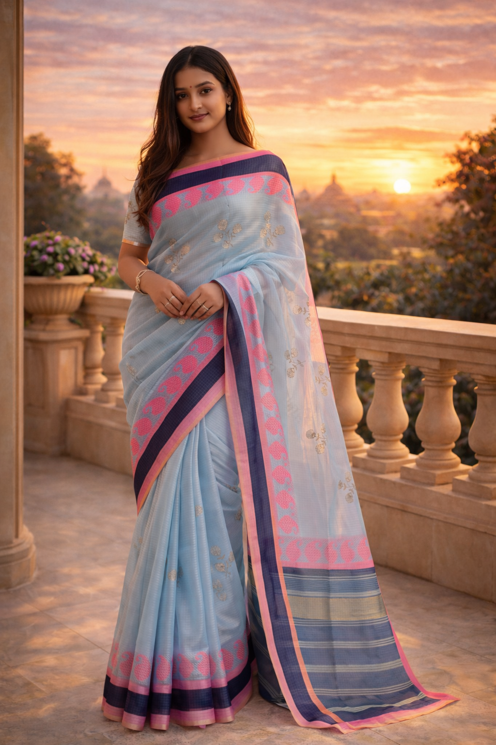 Pastel Handloom Cotton Saree (Blue & Ivory) with Pink Border – Floral Elegance