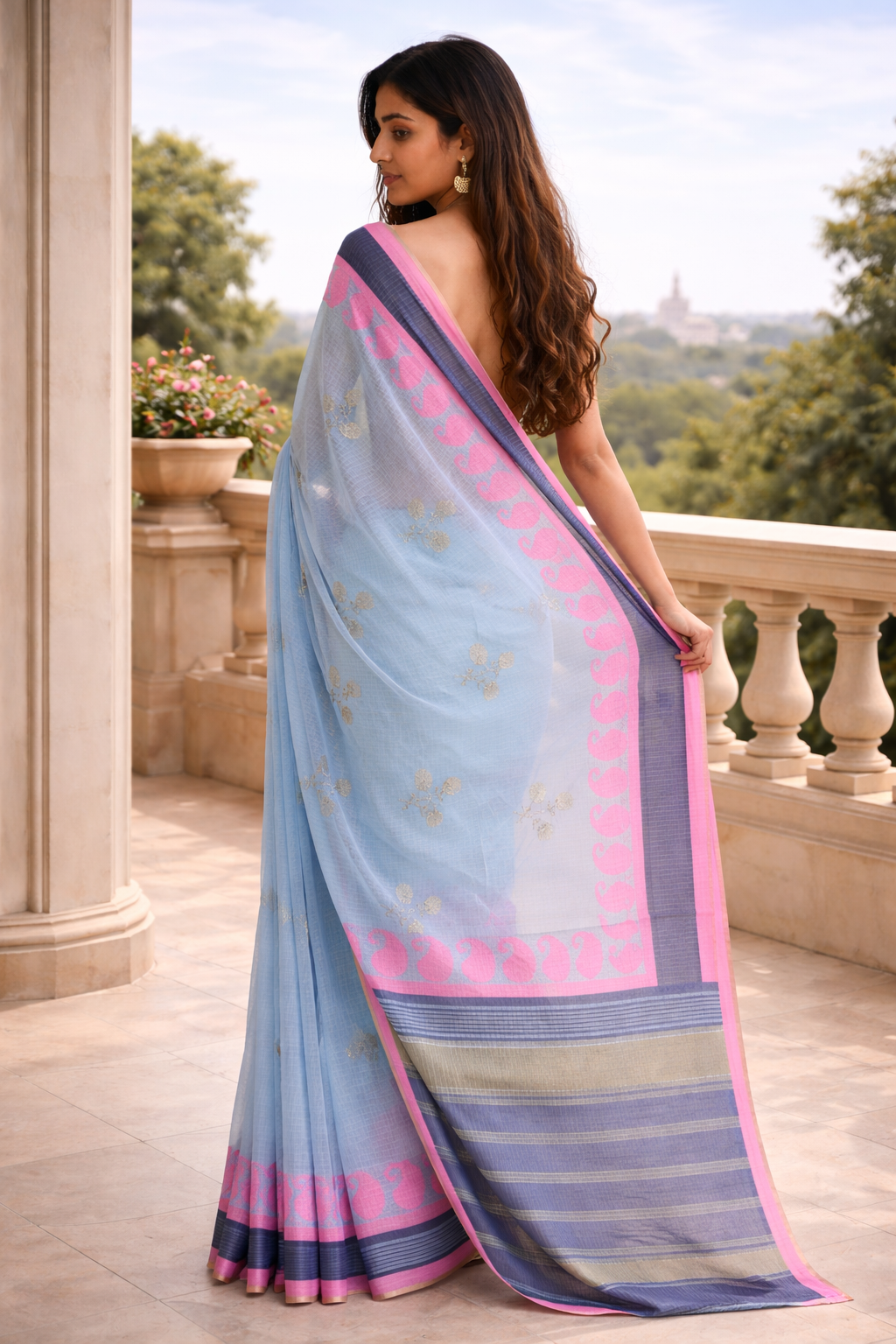 Pastel Handloom Cotton Saree (Blue & Ivory) with Pink Border – Floral Elegance