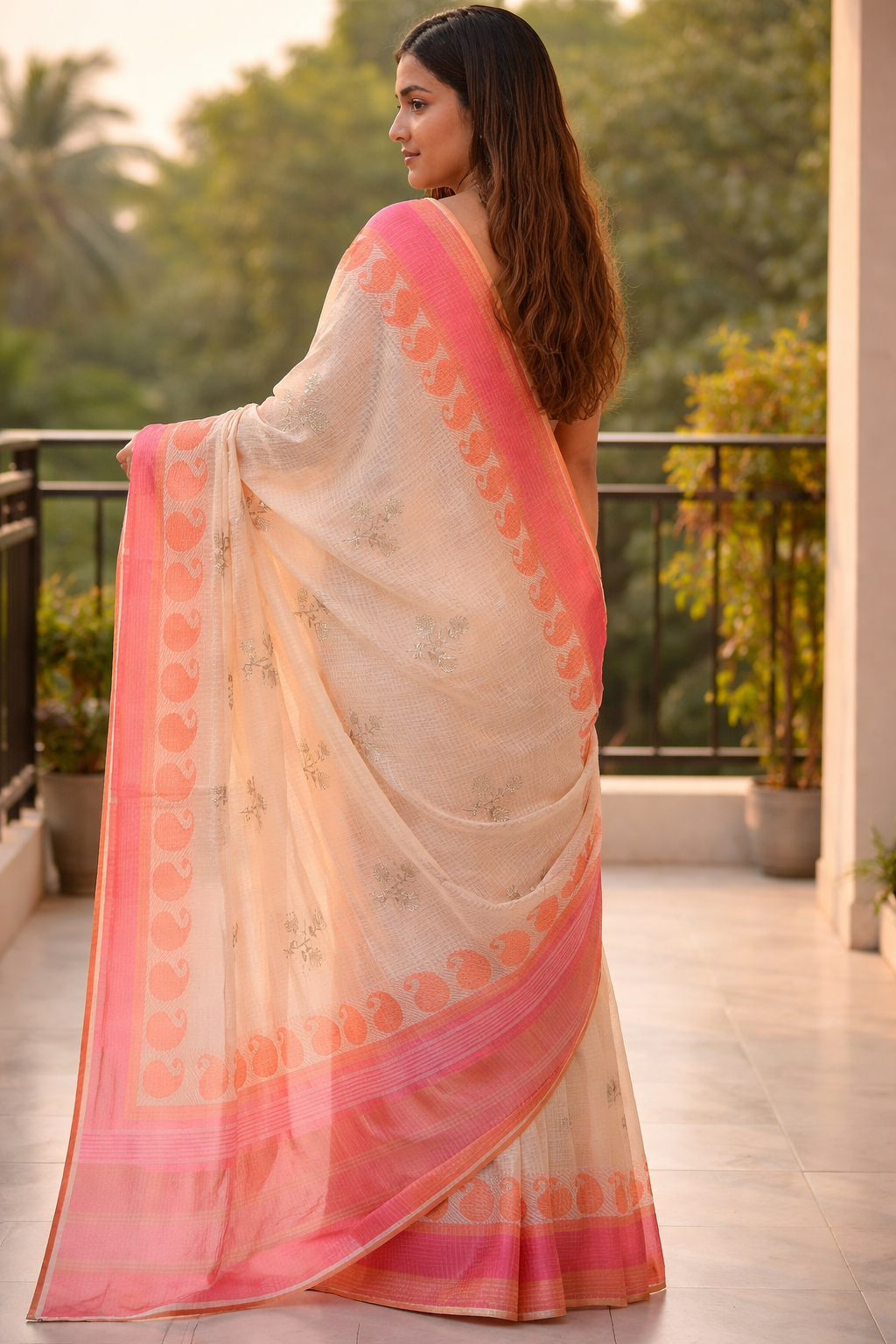 Pastel Handloom Cotton Saree (Blue & Ivory) with Pink Border – Floral Elegance