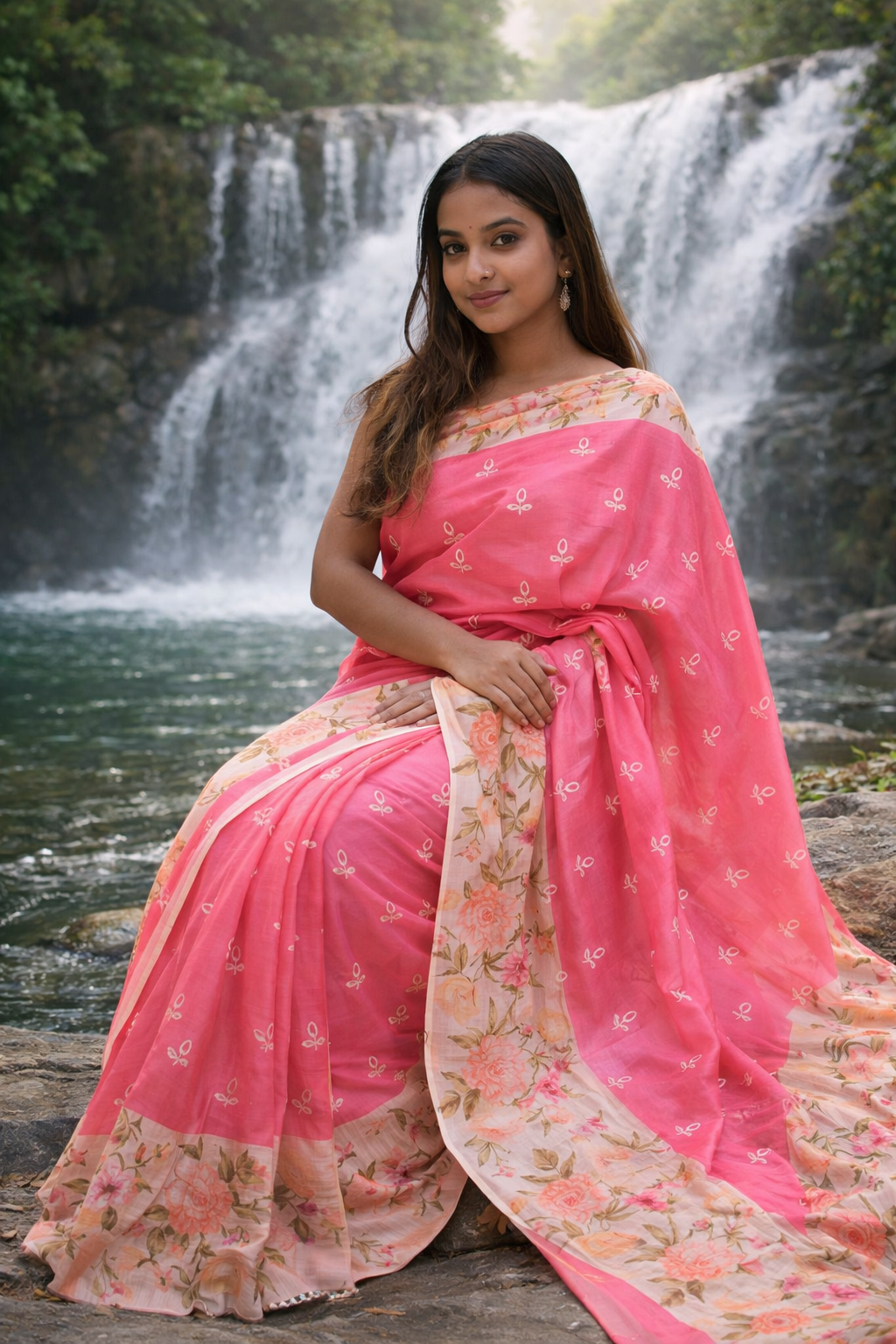 Floral Cotton Blend Saree | Soft Peach & Rose Pink | Lightweight Elegant Saree