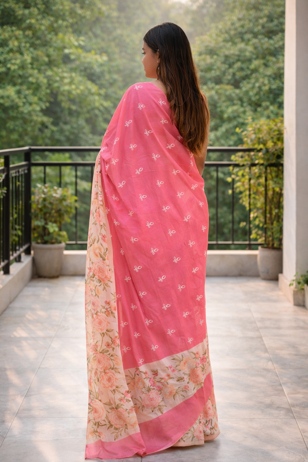 Floral Cotton Blend Saree | Soft Peach & Rose Pink | Lightweight Elegant Saree