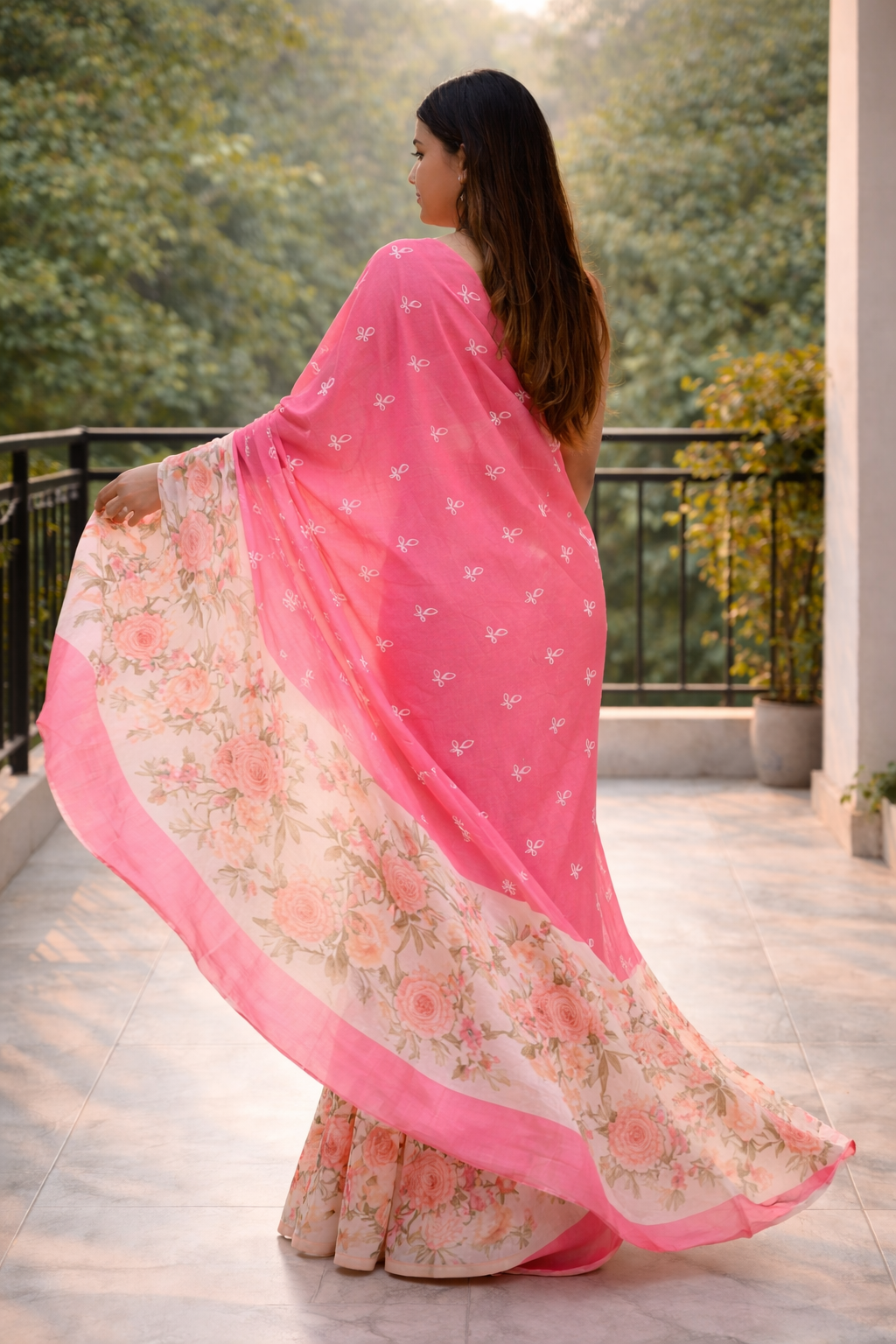 Floral Cotton Blend Saree | Soft Peach & Rose Pink | Lightweight Elegant Saree