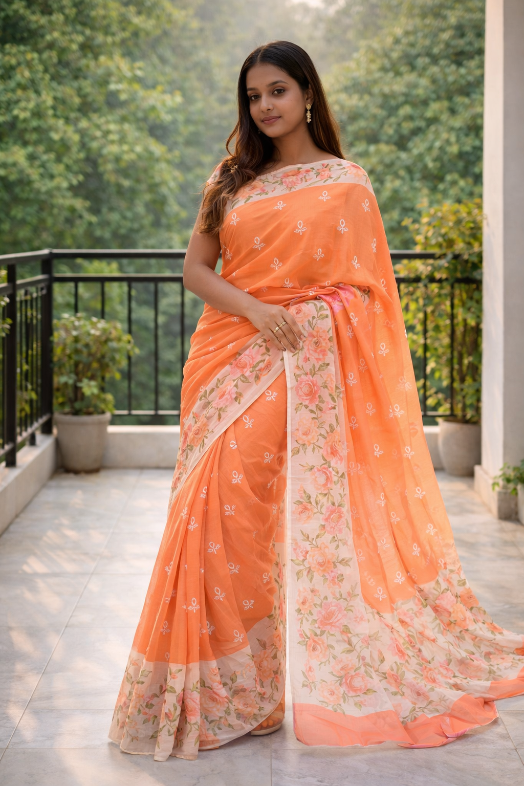 Floral Cotton Blend Saree | Soft Peach & Rose Pink | Lightweight Elegant Saree