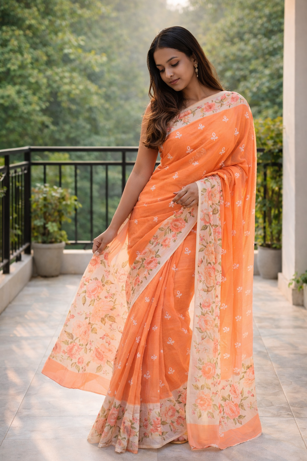 Floral Cotton Blend Saree | Soft Peach & Rose Pink | Lightweight Elegant Saree
