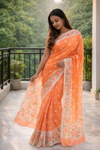 Floral Cotton Blend Saree | Soft Peach & Rose Pink | Lightweight Elegant Saree