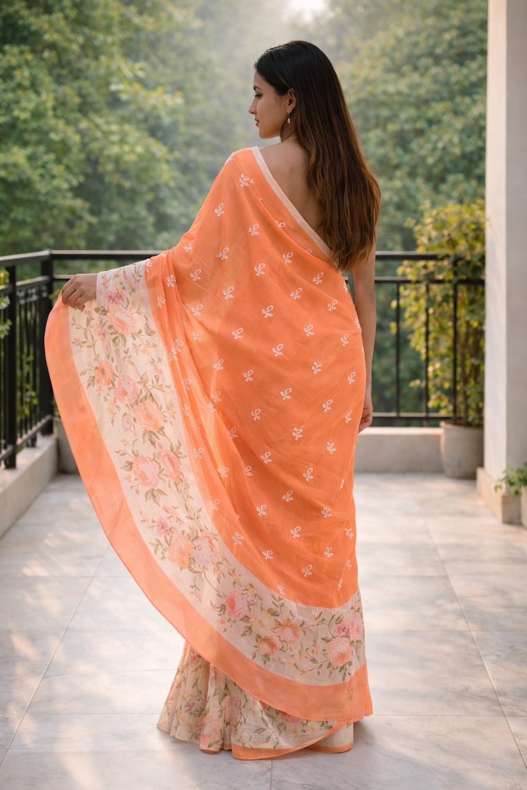 Floral Cotton Blend Saree | Soft Peach & Rose Pink | Lightweight Elegant Saree