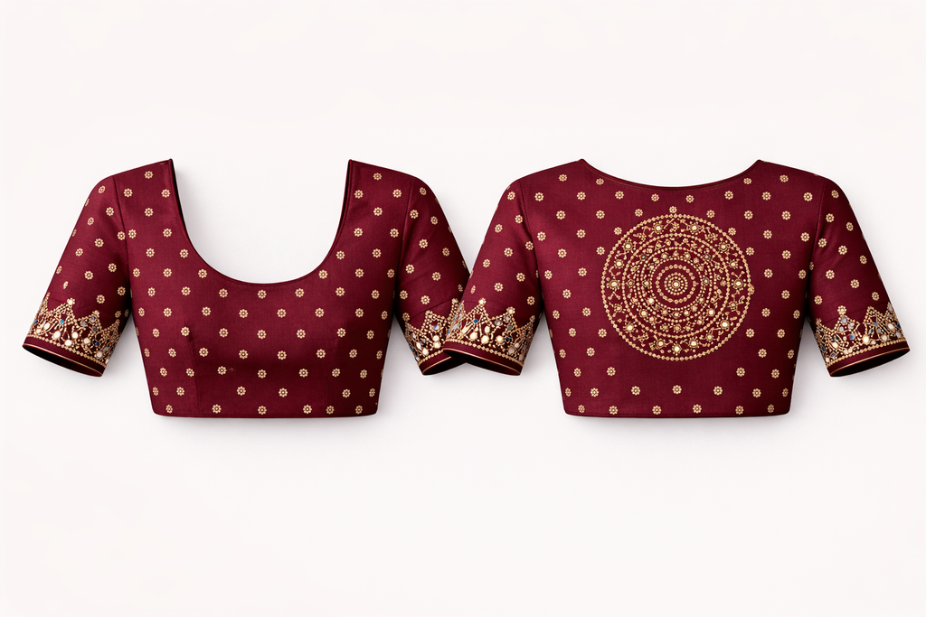 Ajrakh Print Satin Silk Saree with Mirror Work – Laddo Bandhej Inspired Design