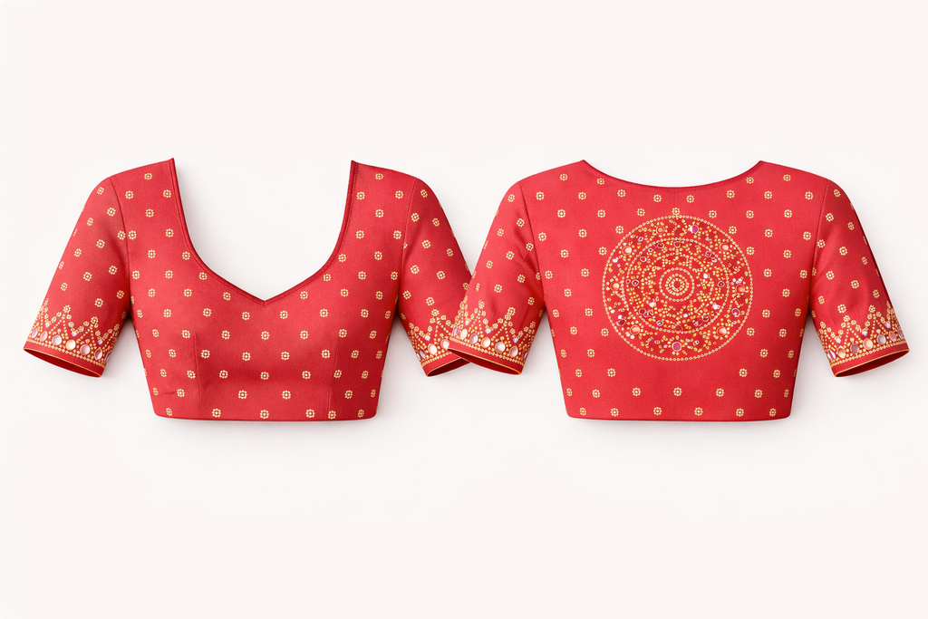 Ajrakh Print Satin Silk Saree with Mirror Work – Laddo Bandhej Inspired Design