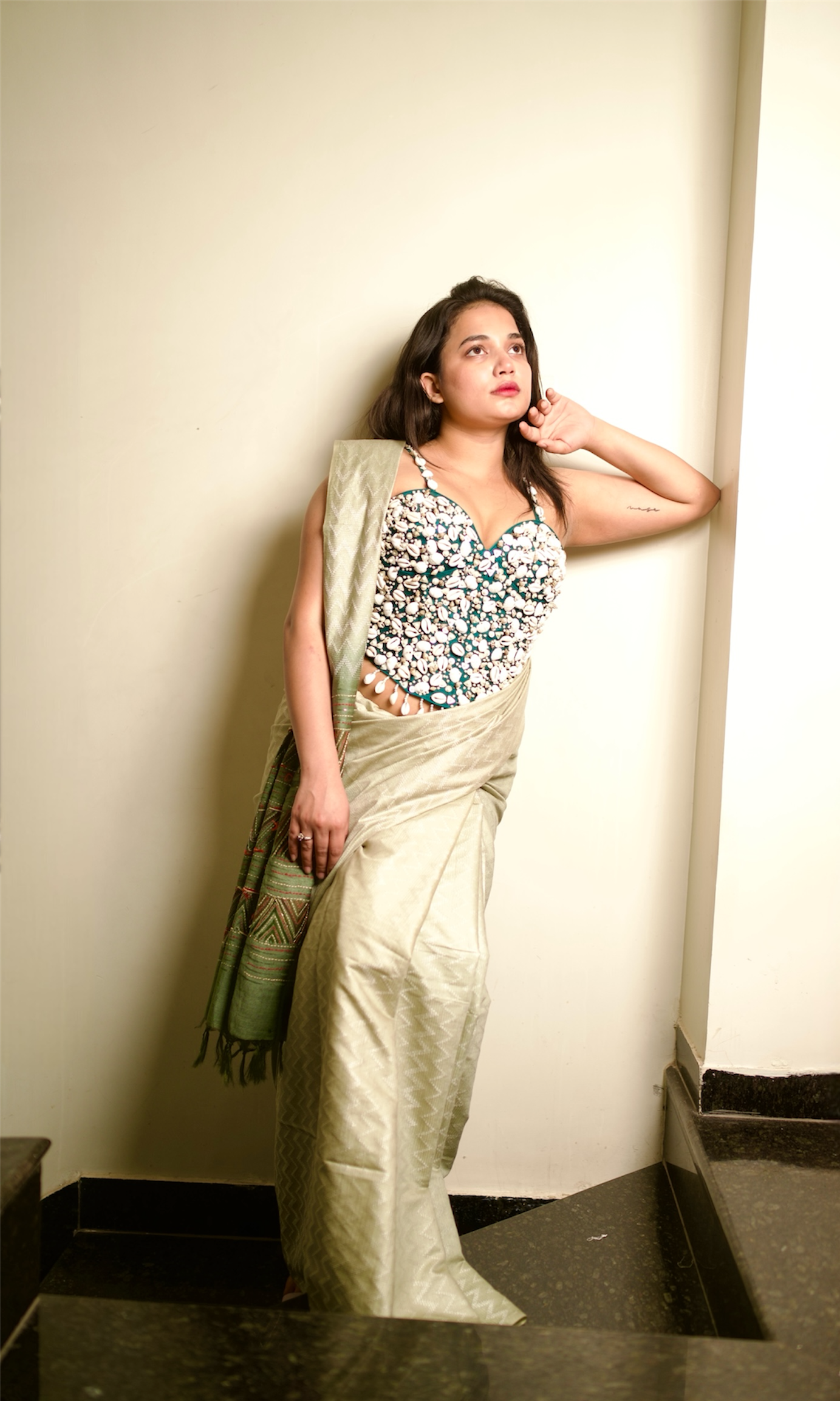 Emerald Shell-Embellished Couture Blouse with Ivory Saree