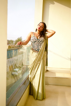 Emerald Shell-Embellished Couture Blouse with Ivory Saree