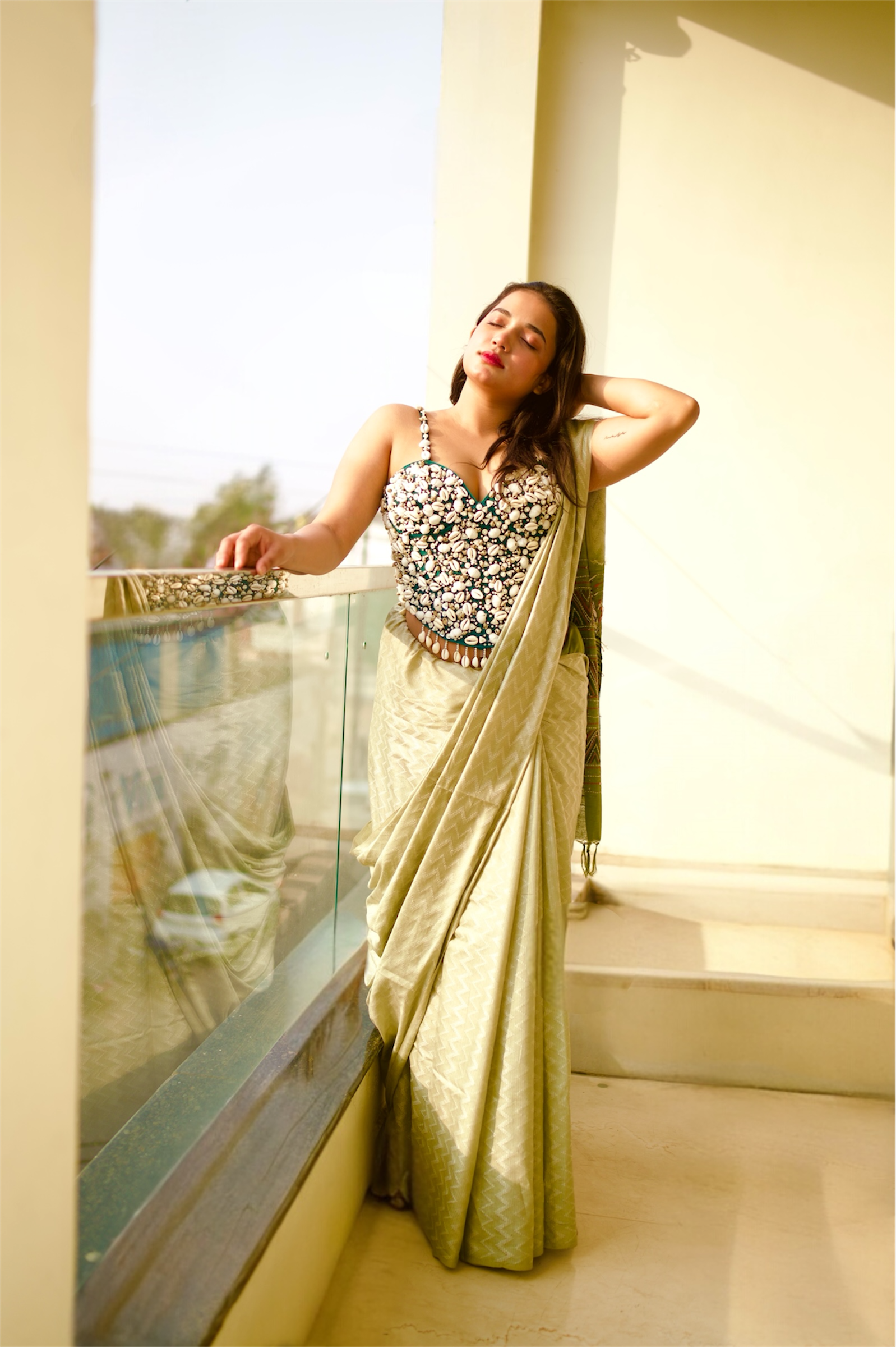 Emerald Shell-Embellished Couture Blouse with Ivory Saree