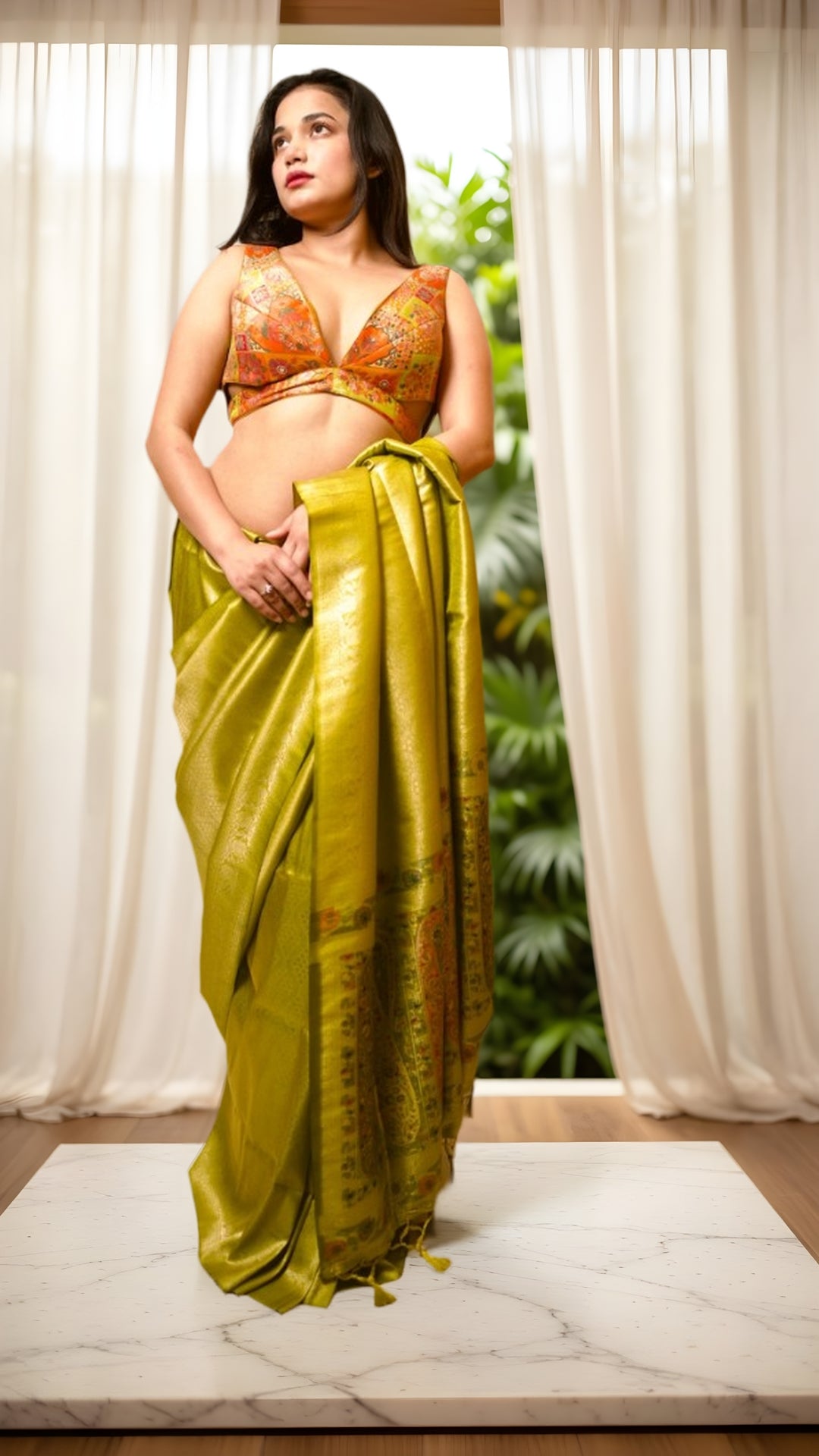 ZAYNAH-E-SATIN | Olive Green Couture Saree