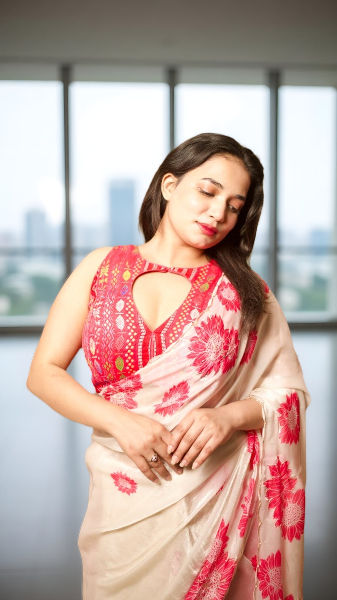 Ivory Fandy Saree with Blush Floral Designer Blouse